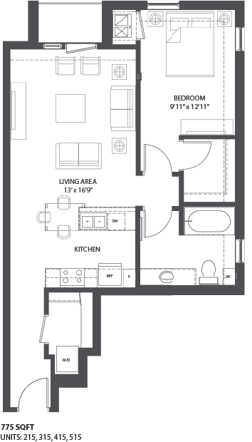 Floor plan for 1 bed, 1 bath, 775 sqft